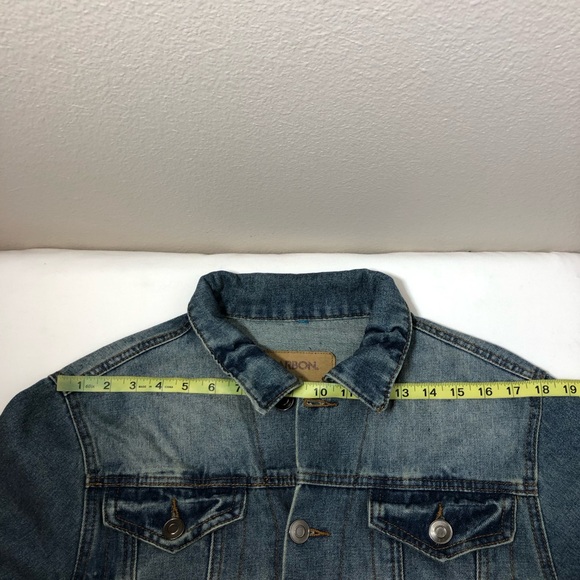 Carbon 70829 Denim Blue Yellowish Wash Distressed Buttoned Trucker Jean Jacket L - Picture 13 of 16